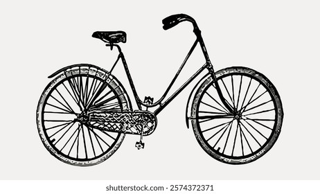 Vintage bicycle illustration, showcasing classic bicycle design. Bicycle art with retro charm, perfect for bicycle enthusiasts and vintage lovers. Vintage vehicle illustration isolated, vector.