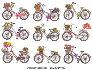 Vintage bicycle set with floral basket and decorations - cute retro style bike collection decorated with flower bouquets, ribbons and balloons. Flat isolated vector illustration.