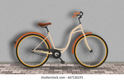 Vintage bicycle stands against the wall on the brick floor. Fitness and sport activity concept. Vector illustration.