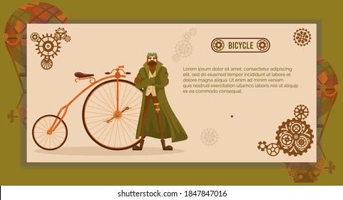 Vintage bicycle steampunk vector illustration. Cartoon flat steampunk hipster cyclist character in glasses and old coat standing next to retro urban cycle, victorian culture and fashion design banner