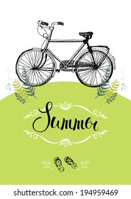 Vintage bicycle. Summer postcard with vignette and calligraphy