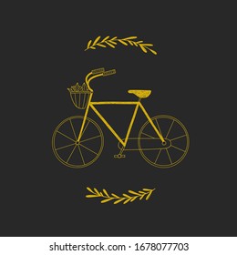 Vintage bicycle vector rustic card. Golden bike illustration and branches on blackboard