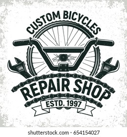 Vintage Bicycles Repair Shop Logo Design,  Grange Print Stamp, Creative Typography Emblem, Vector