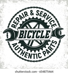 Vintage bicycles repair shop logo design,  grange print stamp, creative typography emblem, Vector