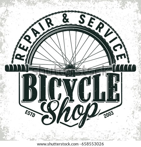 Vintage bicycles repair shop logo design,  grange print stamp, creative typography emblem, Vector