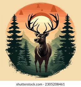vintage big deer in pine forest night moon logo vector illustration