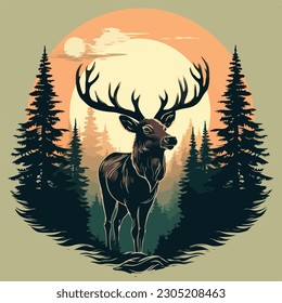 vintage big deer in pine forest night moon logo vector illustration