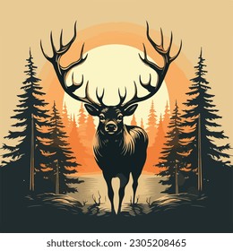 vintage big deer in pine forest night moon logo vector illustration