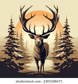 vintage big deer in pine forest night moon logo vector illustration