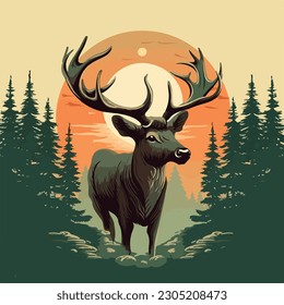 vintage big deer in pine forest night moon logo vector illustration