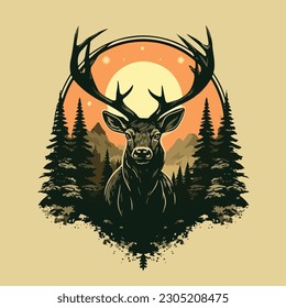 vintage big deer in pine forest night moon logo vector illustration