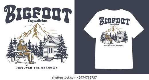 vintage big foot illustration with cabin and mountains with text wild bigfoot expedition