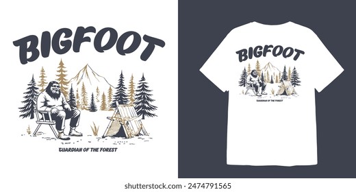 vintage big foot illustration with camp and mountains with text bigfoot guardian of the forest