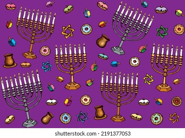 Vintage big golden hanukka candelabra lamp, dough pastry bread eat bakery snack, old cup gift, spin toy. Biblic ethnic happy hanukkiah hexagram ceremony design drawn as retro graphic on white backdrop