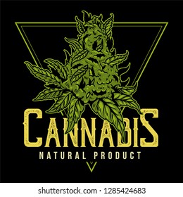 Vintage Big Green Piece Of Cannabis For Medical Smoking Natural Product Of Marijuana Hemp Weed. Illustration Fashion Print For T Shirt Sweatshirt Embroidery Clothes Design Poster Sticker Patch Banner.