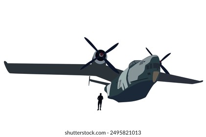 Vintage big plane with dark shadow of a person next to it