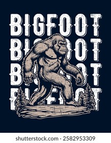 vintage bigfoot t-shirt design with distressed text and forest background.