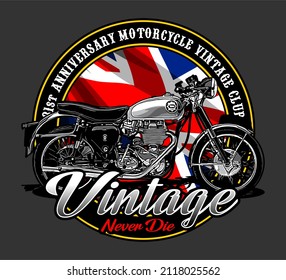 vintage bike with british flag background, t-shirt design, biker, knucklehead, panhead, shovelhead, flathead, naked bike, dragrace, supermoto, Motorradfahrer, 
motorrijder, vector template
