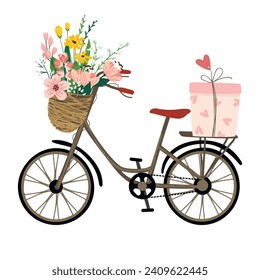 Vintage bike with flowers and gift.Floral bouquet in a basket and box with hearts and bow.Romantic elements for use in postcard,invitation,banner template.Vector illustration on white background.