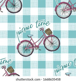 vintage bike with handwritten slogan picnic, blue gingham background seamless pattern, editable vector illustration for picnic decoration, spring or summer season, fabric, textile, paper, wallpaper