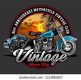 vintage bike on sunset beach, t-shirt design, biker, knucklehead, panhead, shovelhead, flathead, naked bike, dragrace, supermoto, Motorradfahrer, 
motorrijder, vector templates
