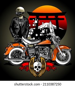 vintage bike orange color biker background, t-shirt design, biker, knucklehead, panhead, shovelhead, flathead, naked bike, dragrace, supermoto, Motorradfahrer, 
motorrijder, vector templates
