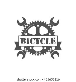 Vintage bike repair logo badges and labels. Cycle wheel isolated vector. Old style bicycle shop and repair logotypes