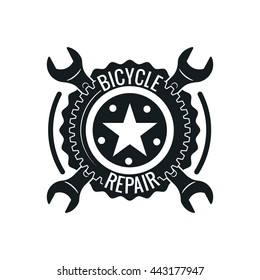 Vintage bike repair logo badges and labels. Cycle wheel isolated vector. Old style bicycle shop and repair logotypes