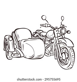 Bicicleta vintage y sidecar. Ilustración vectorial dibujada a mano