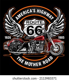 vintage bike and sign route 66, t-shirt design, biker, knucklehead, panhead, shovelhead, flathead, naked bike, dragrace, supermoto, Motorradfahrer, 
motorrijder, vector templates
