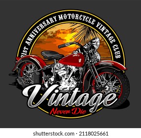 vintage bike in the sunset, t-shirt design, biker, knucklehead, panhead, shovelhead, flathead, naked bike, dragrace, supermoto, Motorradfahrer, 
motorrijder, vector template
