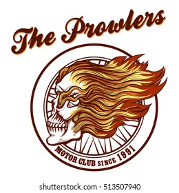 Vintage Biker Club Badge or Emblem with Skull in Flames. Vector illustration.