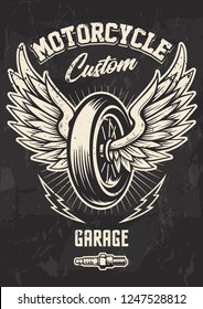 Vintage Biker Design with Winged Wheel, lightnings and spark plug. Grunge poster design template.
