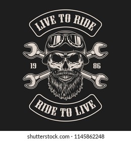 Vintage biker emblem with skull. Vector illustration