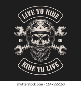 Vintage biker emblem with skull. Vector illustration