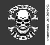 Vintage biker gang skull logo, skull with beard and bandana, crossbones behind, top ribbon 'Iron Brotherhood', bottom ribbon 'Ride or Die',. logo skull vector design