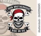Vintage biker gang skull logo, skull with beard and bandana, crossbones behind, top ribbon 'Iron Brotherhood', bottom ribbon 'Ride or Die',. logo skull vector design