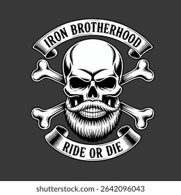 Vintage biker gang skull logo, skull with beard and bandana, crossbones behind, top ribbon 'Iron Brotherhood', bottom ribbon 'Ride or Die',. logo skull vector design