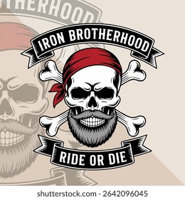 Vintage biker gang skull logo, skull with beard and bandana, crossbones behind, top ribbon 'Iron Brotherhood', bottom ribbon 'Ride or Die',. logo skull vector design