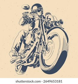 Vintage biker illustration in retro engraving style