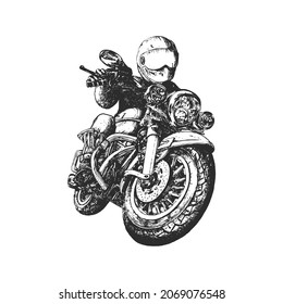 Vintage biker illustration in vector. Rider on motorcycle, hand drawn sketch. Used for motorbike club poster, MC sign, garage label.