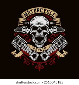 vintage biker logo. skull ribbon and piston vintage style for motorcycle club design