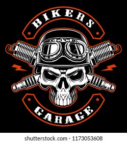 Vintage biker patch with skull and crossed spark plugs. Text is on the separate group.