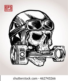 vintage biker skull bite a piston print vector and illustration