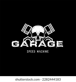 Vintage Biker Skull With Crossed Pistons Vector Illustration