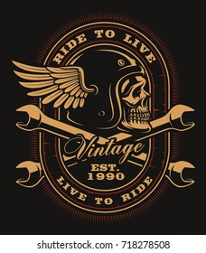 Vintage Biker skull with crossed wrenches on dark background. All elements and text is on the separate layer.