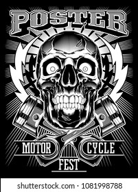 Vintage Biker Skull with lightning and Pistons