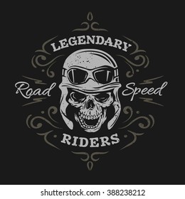 Vintage Biker Skull, t-shirt prints, emblems. On a dark background.