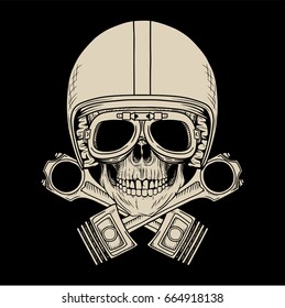 Vintage Biker Skull Use Helmet and Goggles With Crossed Piston Emblem