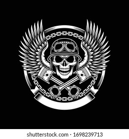 Vintage Biker Skull With Wing and Piston Emblem
